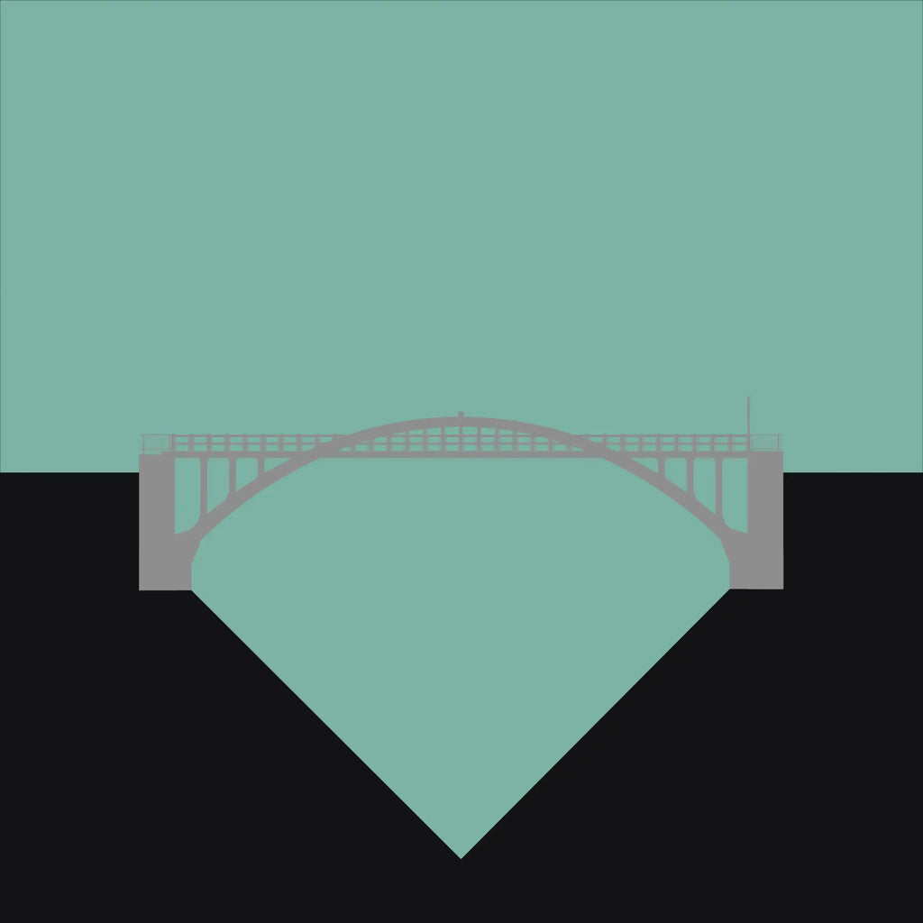 Illustration of a bridge over water with a green triangular background