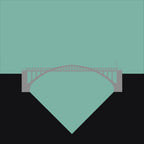Illustration of a bridge over water with a green triangular background