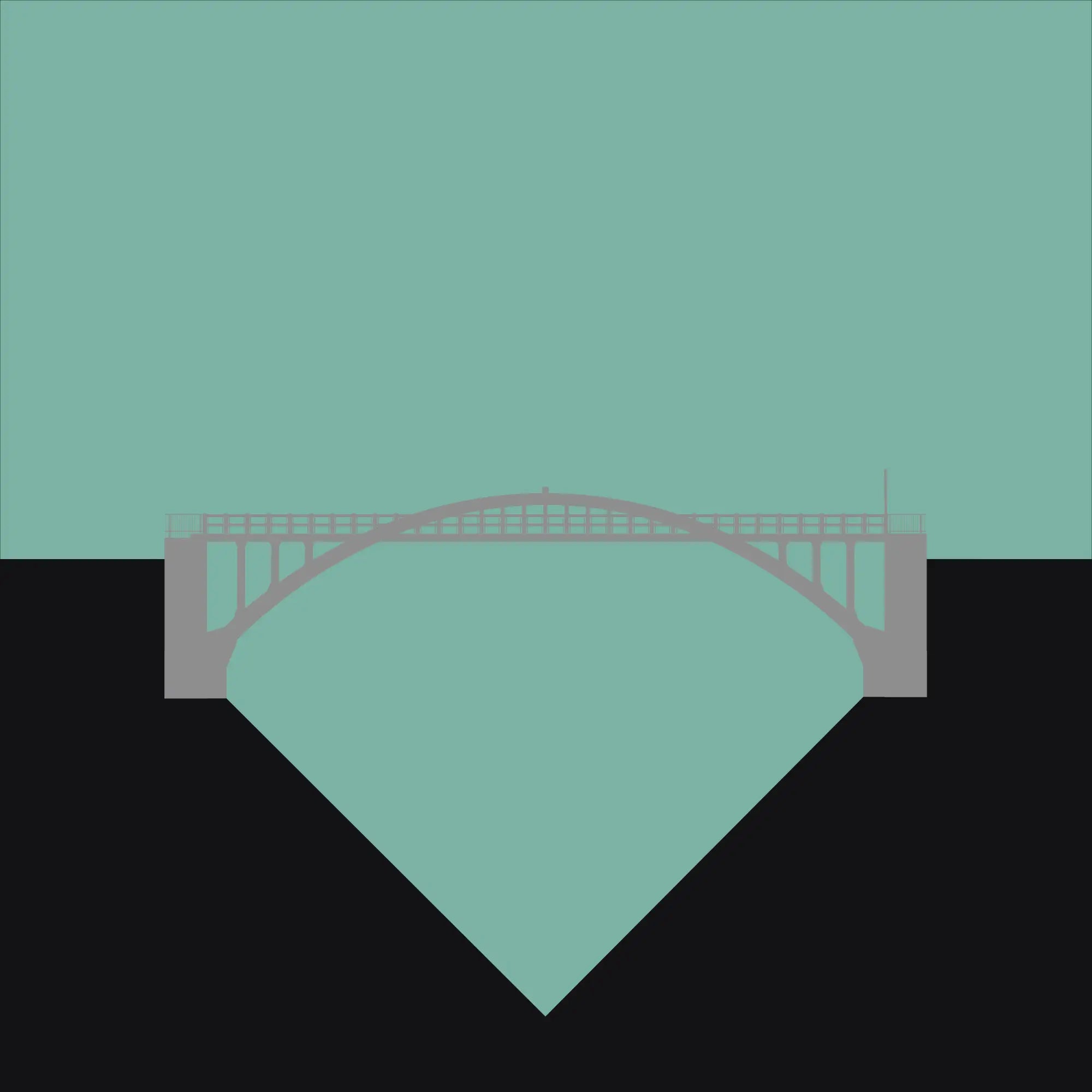 Illustration of a bridge over water with a green triangular background