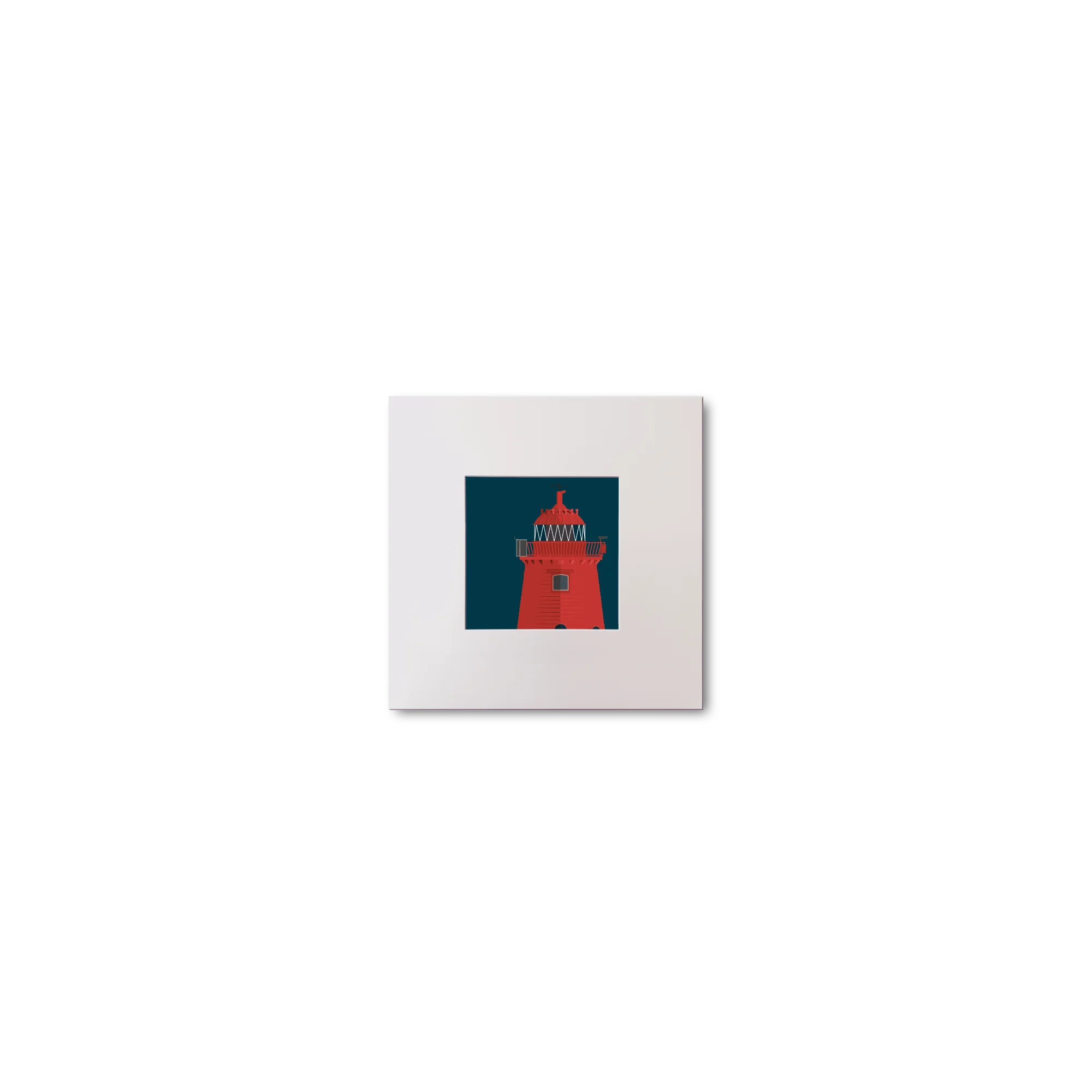 Illustration of Poolbeg lighthouse on a midnight blue background, mounted and measuring 10x10cm.
