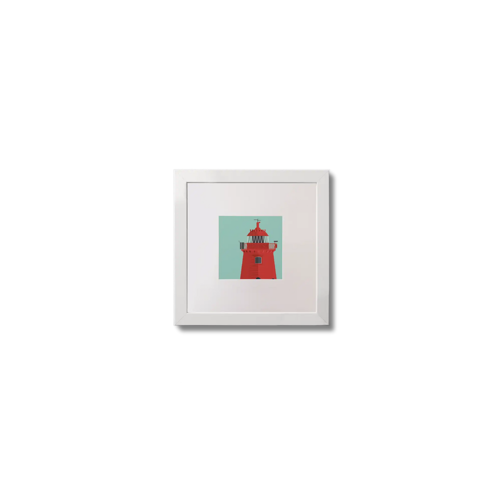 Illustration of Poolbeg lighthouse on an ocean green background,  in a white square frame measuring 10x10cm.