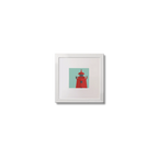 Illustration of Poolbeg lighthouse on an ocean green background,  in a white square frame measuring 10x10cm.