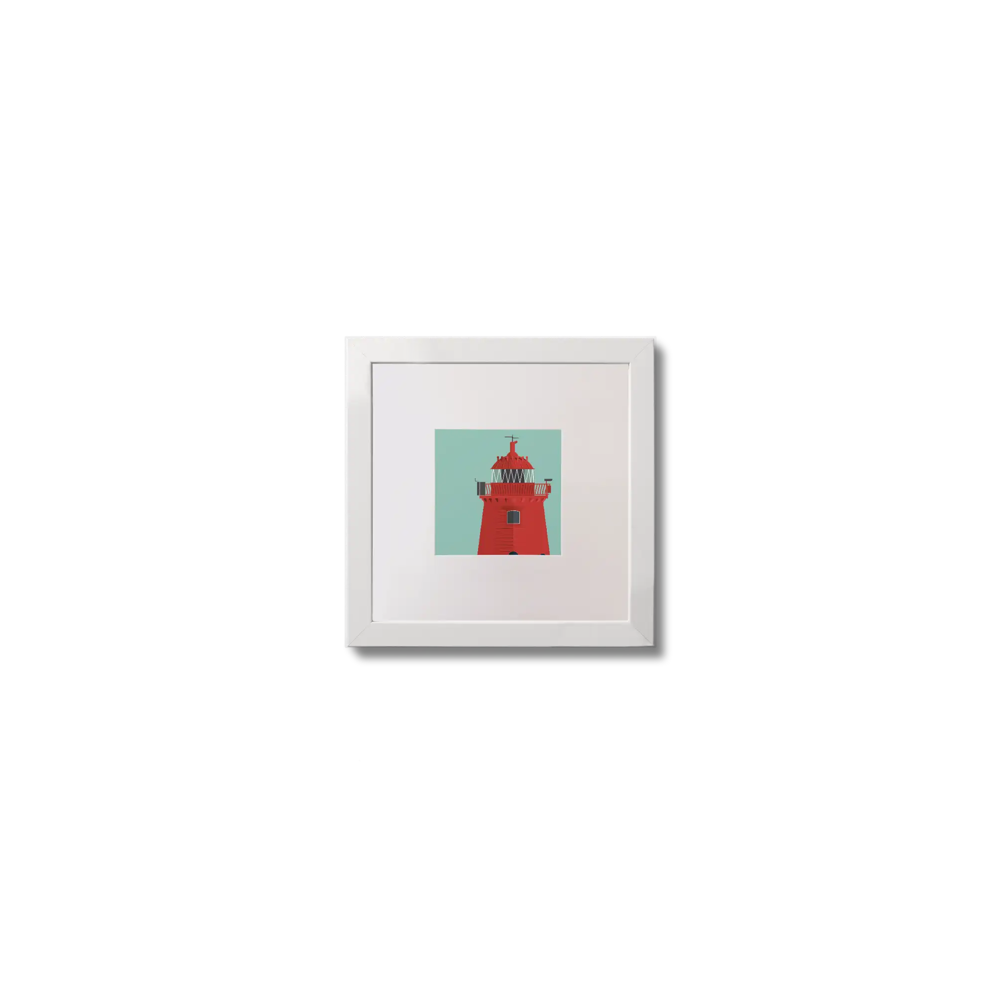 Illustration of Poolbeg lighthouse on an ocean green background,  in a white square frame measuring 10x10cm.