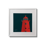 Illustration of Poolbeg lighthouse on a midnight blue background,  in a white square frame measuring 20x20cm.