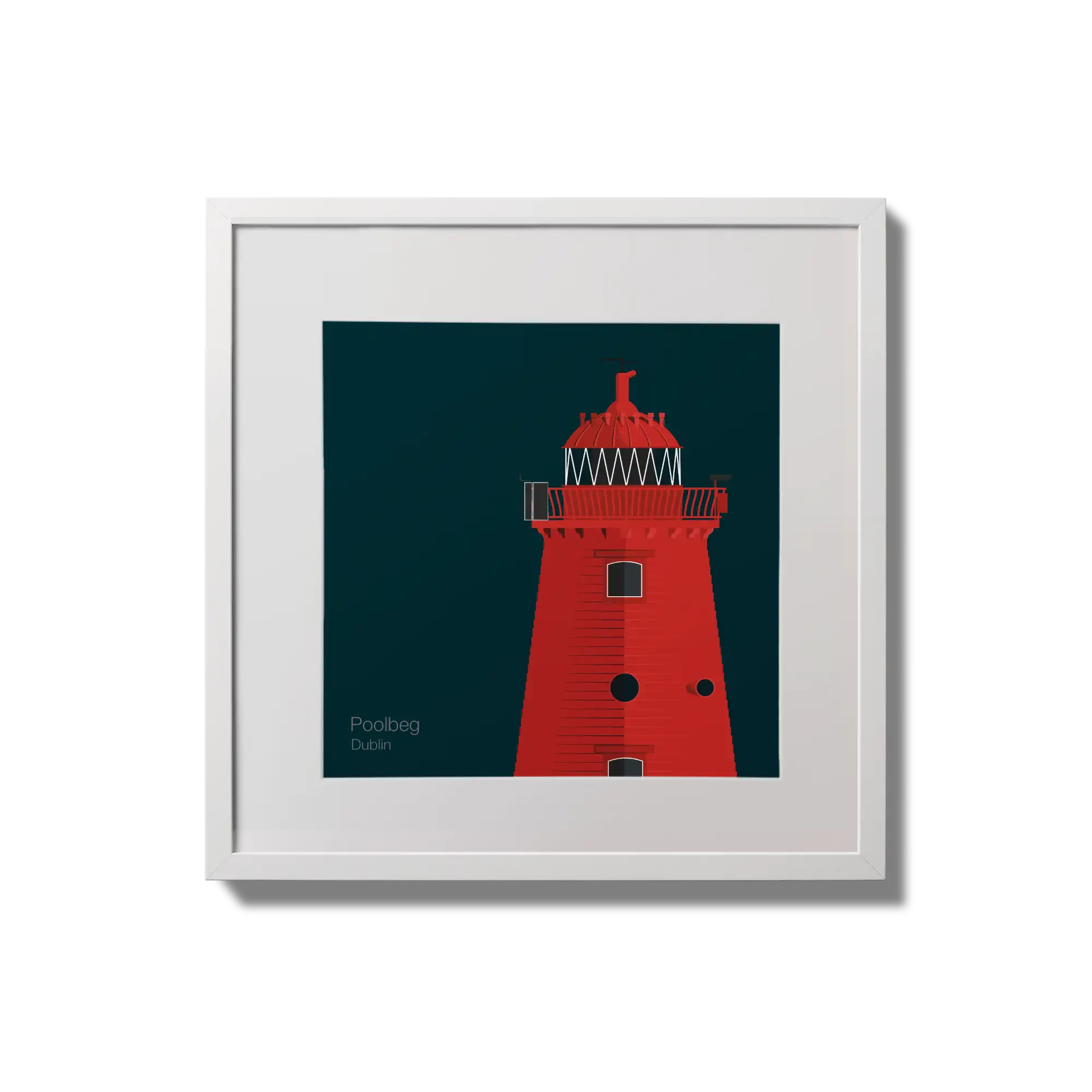 Illustration of Poolbeg lighthouse on a midnight blue background,  in a white square frame measuring 20x20cm.