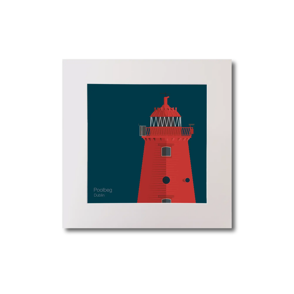 Illustration of Poolbeg lighthouse on a midnight blue background, mounted and measuring 20x20cm.
