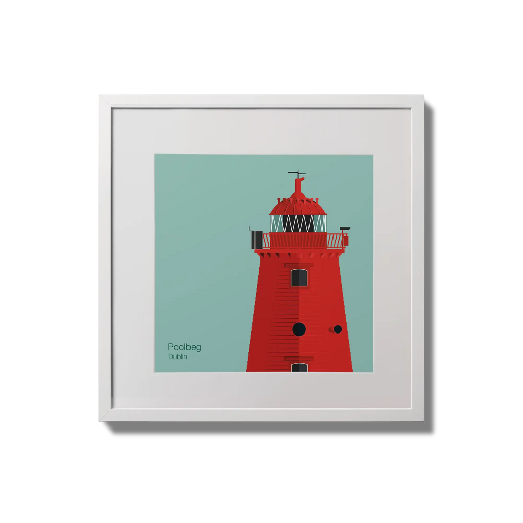 Illustration of Poolbeg lighthouse on an ocean green background,  in a white square frame measuring 20x20cm.