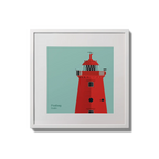 Illustration of Poolbeg lighthouse on an ocean green background,  in a white square frame measuring 20x20cm.