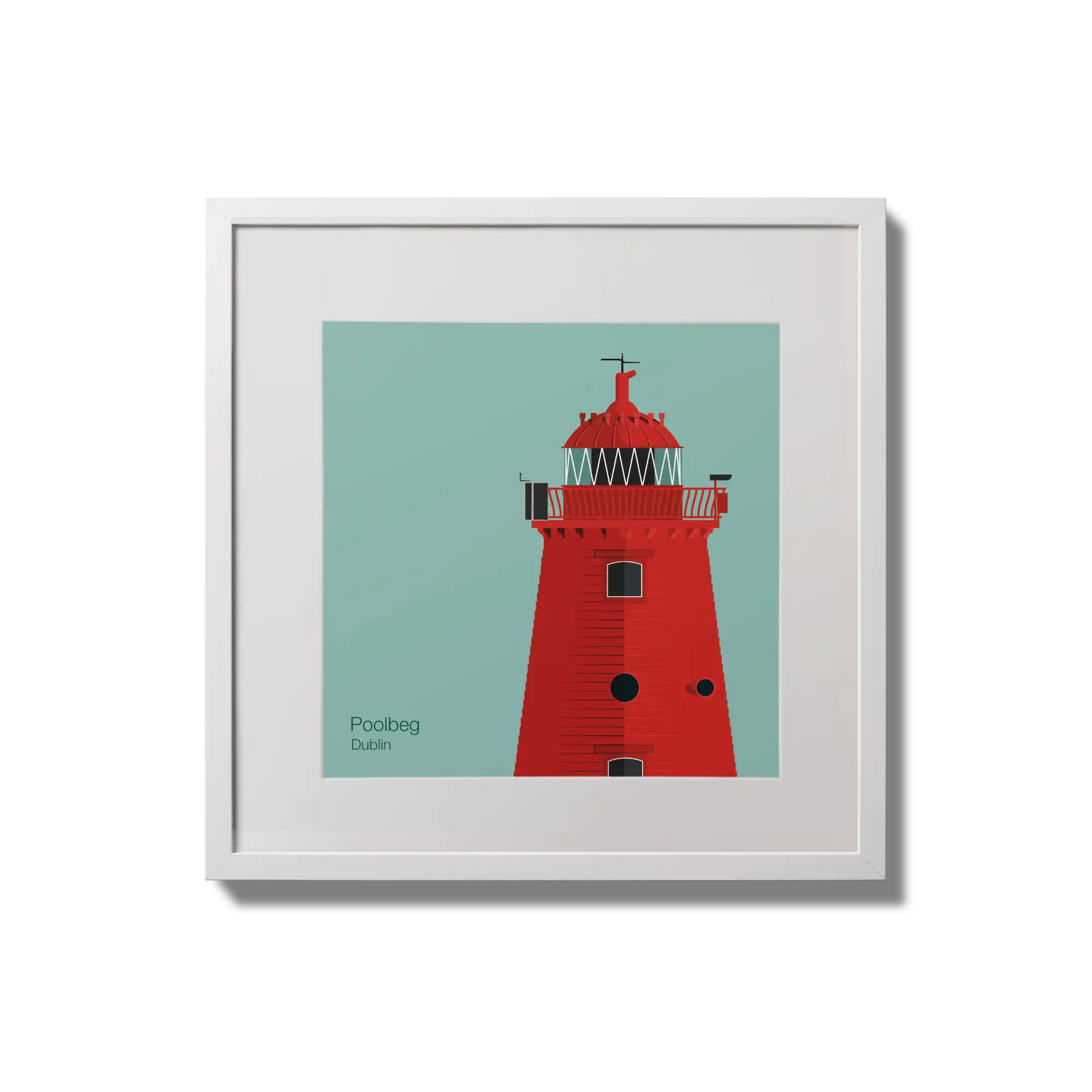 Illustration of Poolbeg lighthouse on an ocean green background,  in a white square frame measuring 20x20cm.