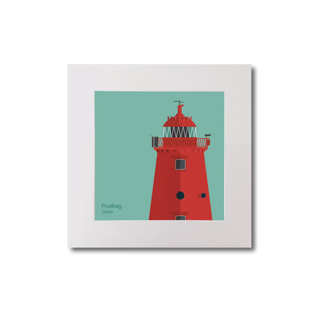 Illustration of Poolbeg lighthouse on an ocean green background, mounted and measuring 20x20cm.