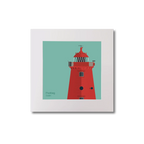 Illustration of Poolbeg lighthouse on an ocean green background, mounted and measuring 20x20cm.