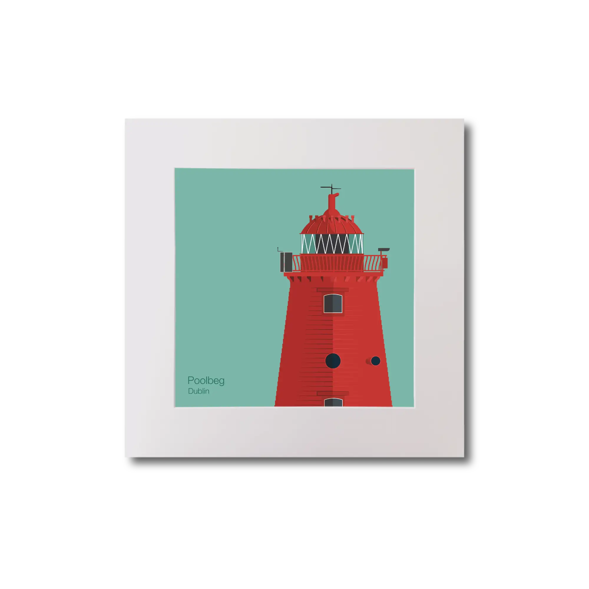 Illustration of Poolbeg lighthouse on an ocean green background, mounted and measuring 20x20cm.