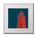 Illustration of Poolbeg lighthouse on a midnight blue background,  in a white square frame measuring 30x30cm.