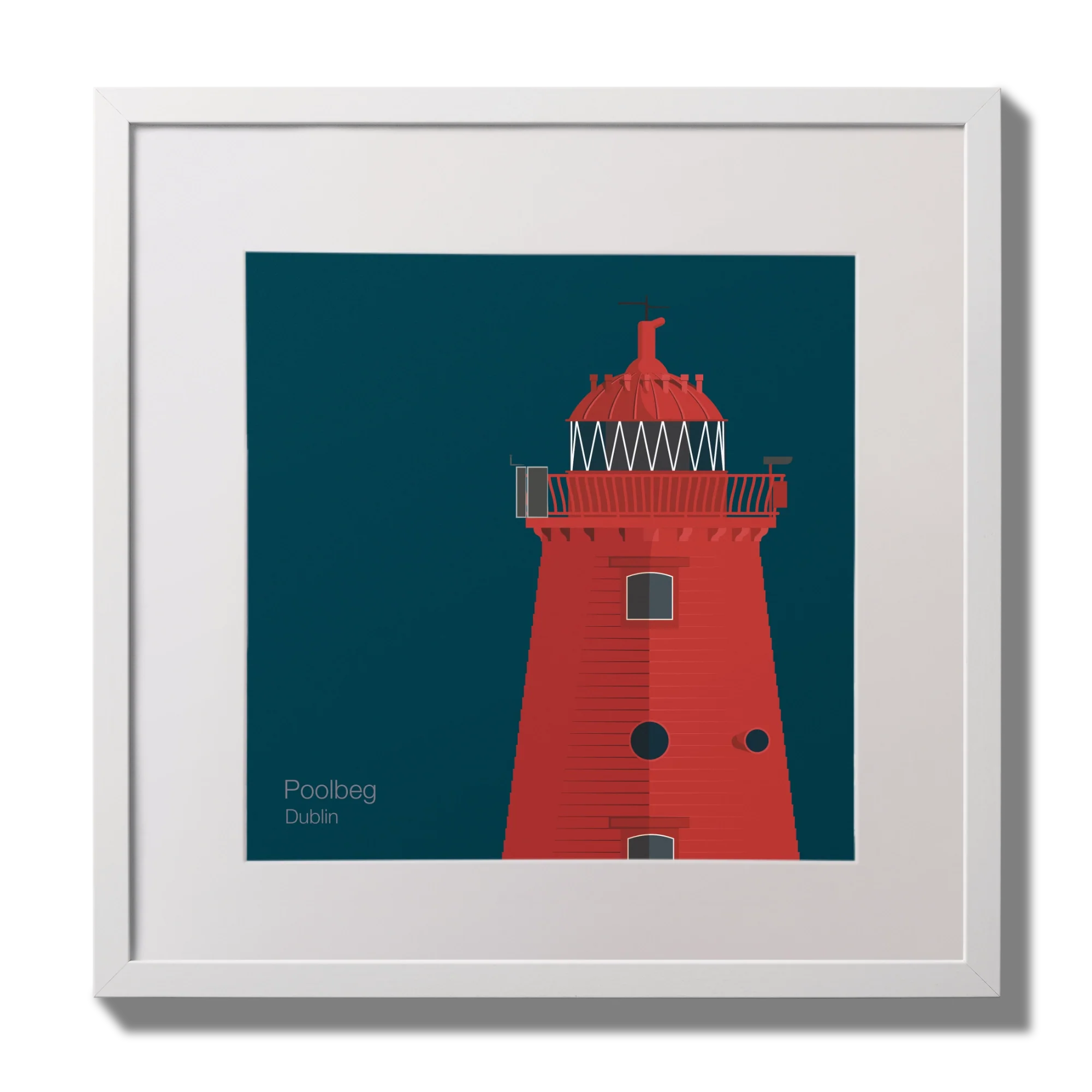 Illustration of Poolbeg lighthouse on a midnight blue background,  in a white square frame measuring 30x30cm.