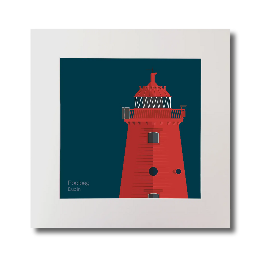 Illustration of Poolbeg lighthouse on a midnight blue background, mounted and measuring 30x30cm.