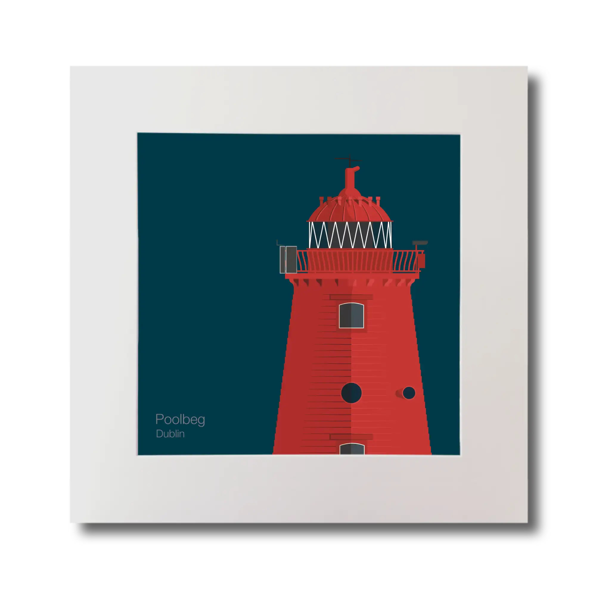 Illustration of Poolbeg lighthouse on a midnight blue background, mounted and measuring 30x30cm.