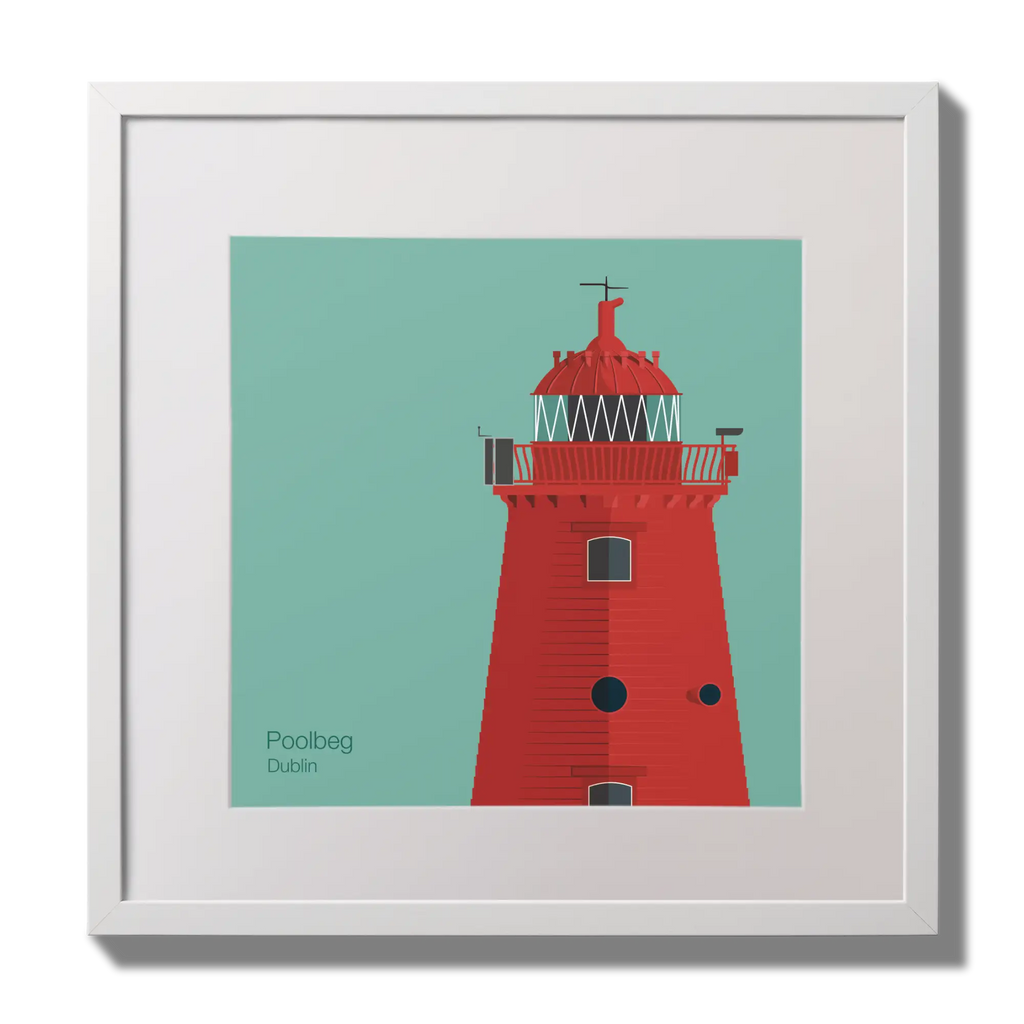 Illustration of Poolbeg lighthouse on an ocean green background,  in a white square frame measuring 30x30cm.