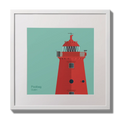 Illustration of Poolbeg lighthouse on an ocean green background,  in a white square frame measuring 30x30cm.