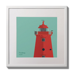 Illustration of Poolbeg lighthouse on an ocean green background,  in a white square frame measuring 30x30cm.