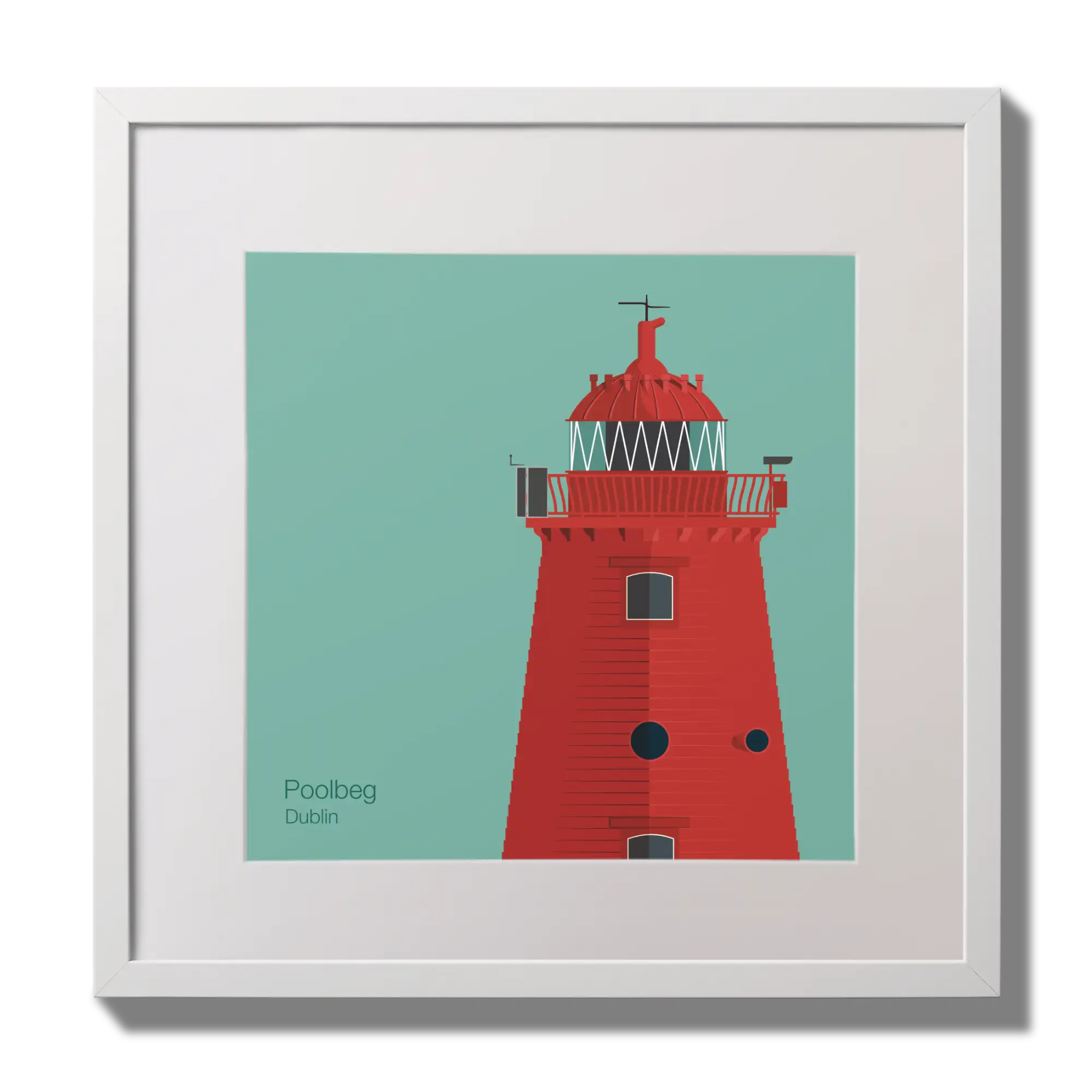 Illustration of Poolbeg lighthouse on an ocean green background,  in a white square frame measuring 30x30cm.