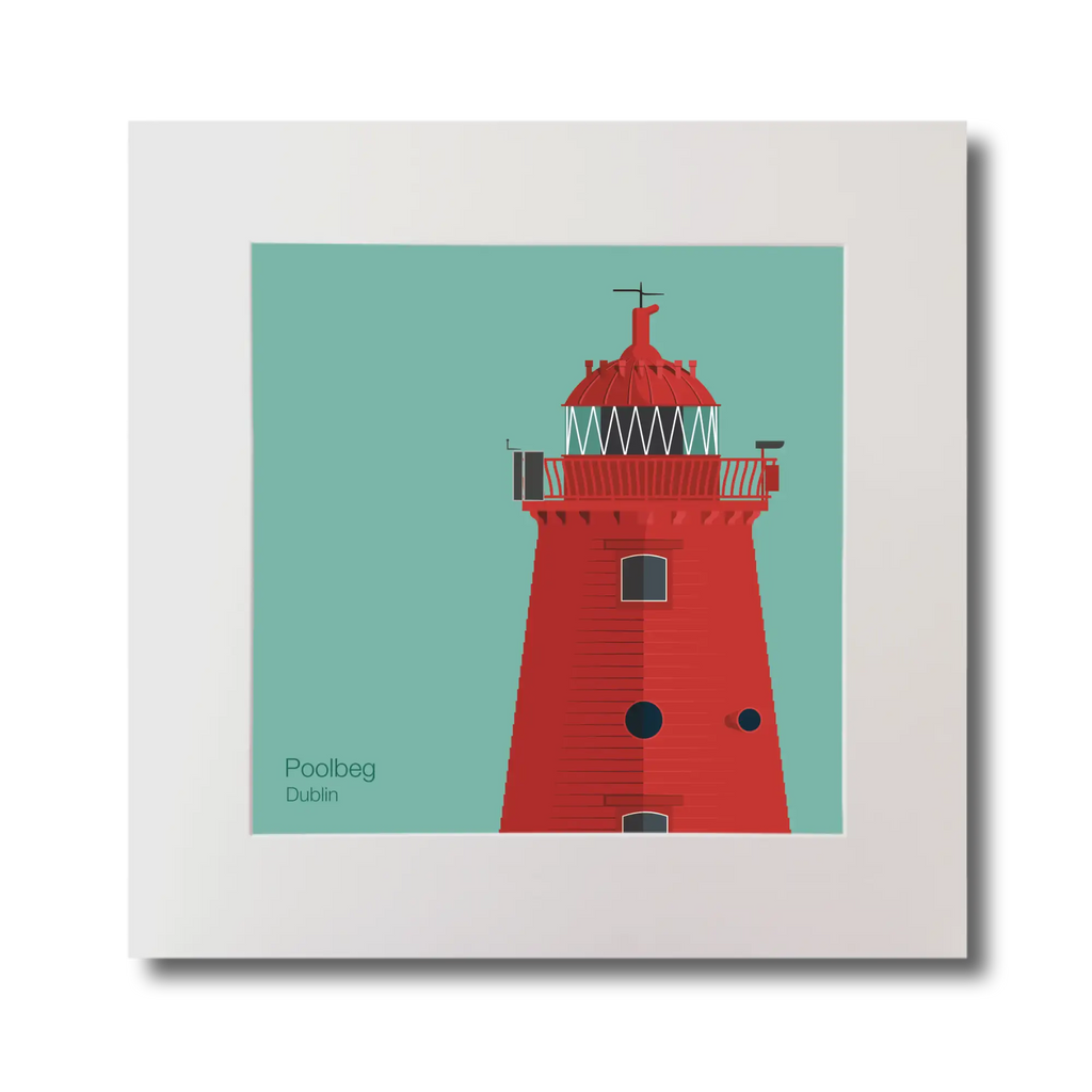Illustration of Poolbeg lighthouse on a ocean green background, mounted and measuring 30x30cm.