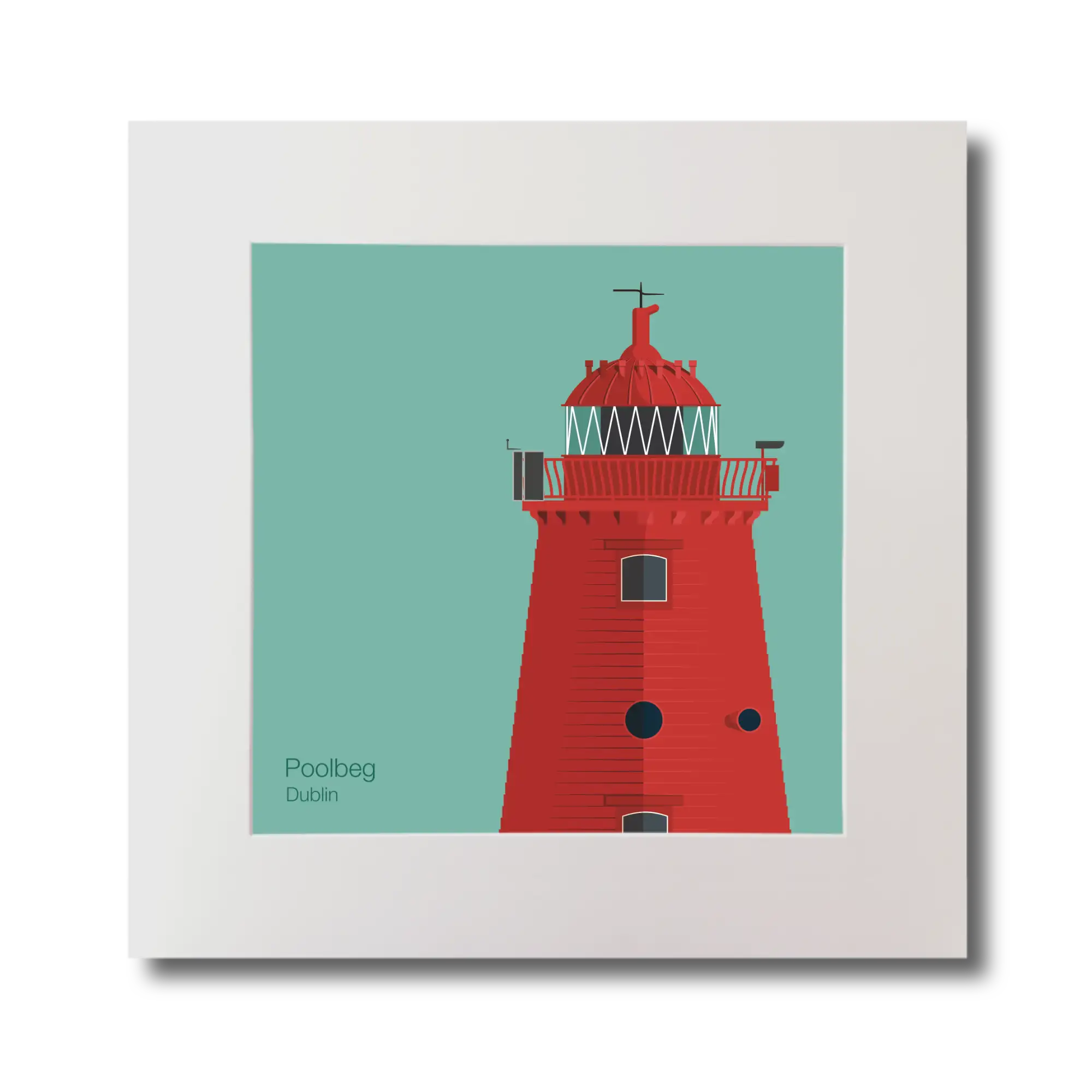 Illustration of Poolbeg lighthouse on a ocean green background, mounted and measuring 30x30cm.