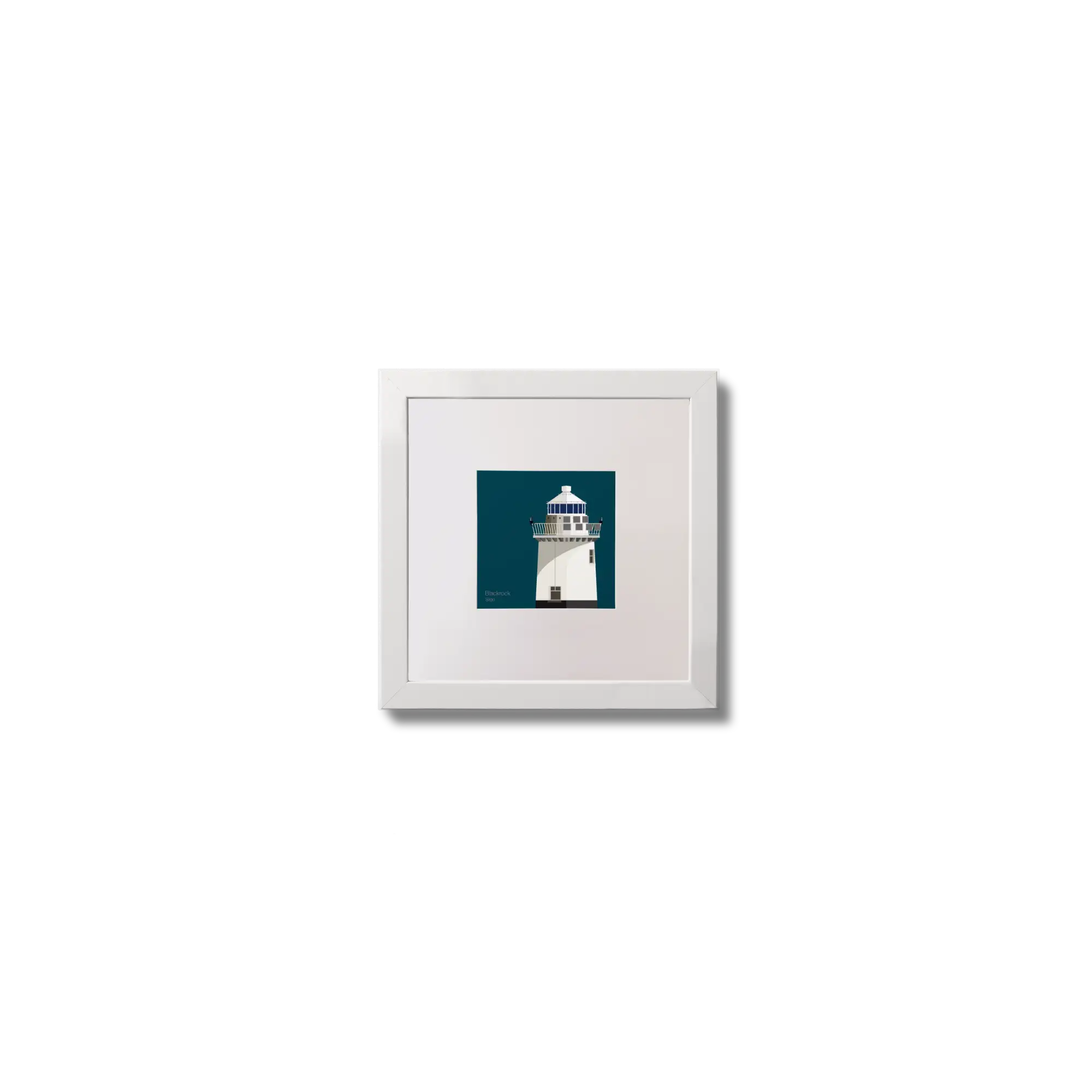 Illustration of Blackrock lighthouse on a midnight blue background,  in a white square frame measuring 10x10cm.