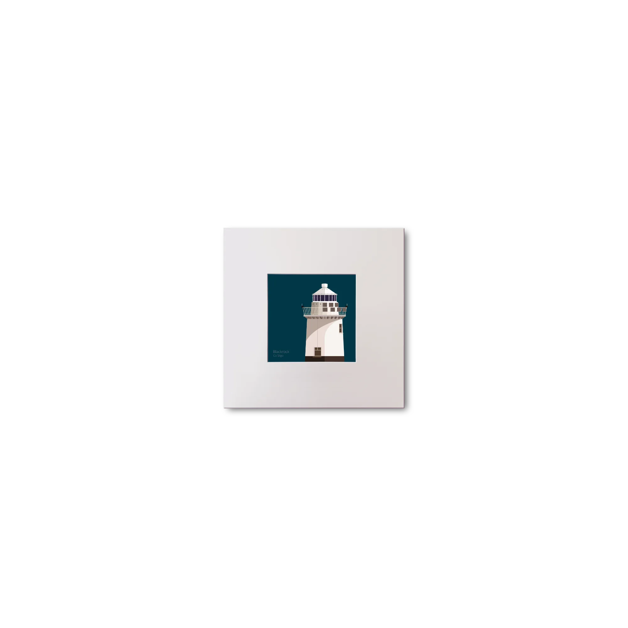 Illustration of Blackrock lighthouse on a midnight blue background, mounted and measuring 10x10cm.