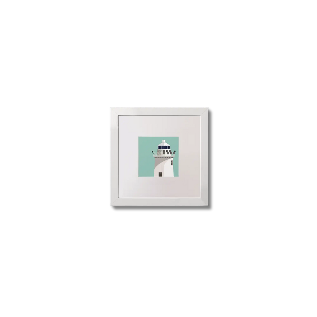 Illustration of Blackrock lighthouse on an ocean green background,  in a white square frame measuring 10x10cm.