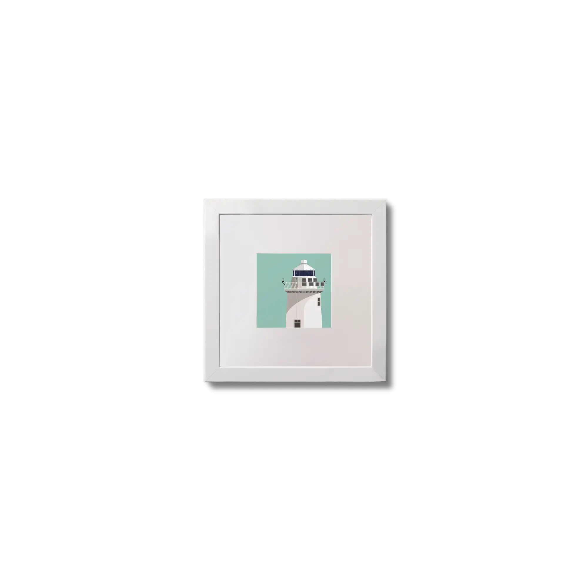 Illustration of Blackrock lighthouse on an ocean green background,  in a white square frame measuring 10x10cm.