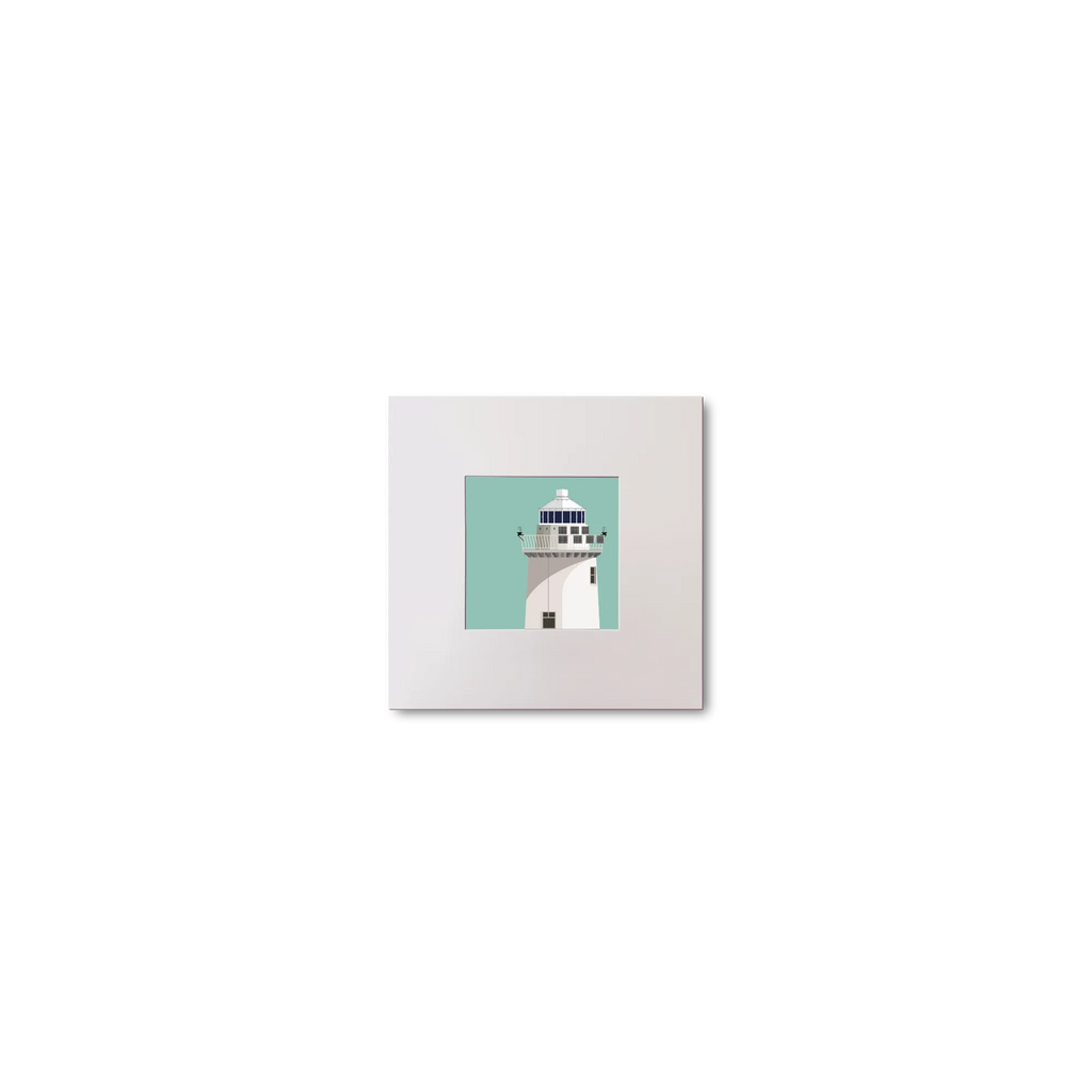 Illustration of Blackrock lighthouse on an ocean green background, mounted and measuring 10x10cm.