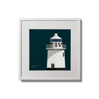 Illustration of Blackrock lighthouse on a midnight blue background,  in a white square frame measuring 20x20cm.