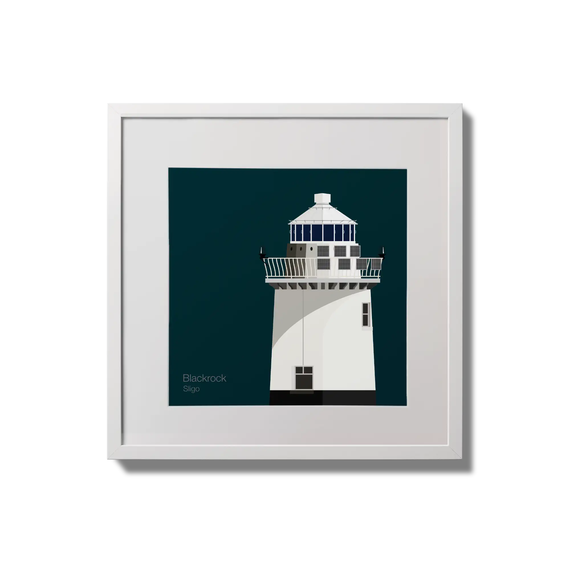 Illustration of Blackrock lighthouse on a midnight blue background,  in a white square frame measuring 20x20cm.