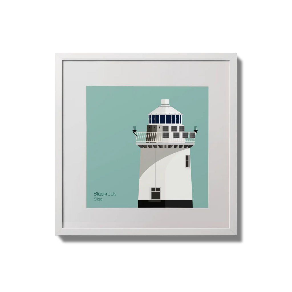 Illustration of Blackrock lighthouse on an ocean green background,  in a white square frame measuring 20x20cm.