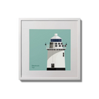 Illustration of Blackrock lighthouse on an ocean green background,  in a white square frame measuring 20x20cm.