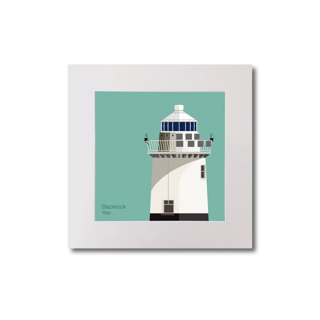 Illustration of Blackrock lighthouse on an ocean green background, mounted and measuring 20x20cm.