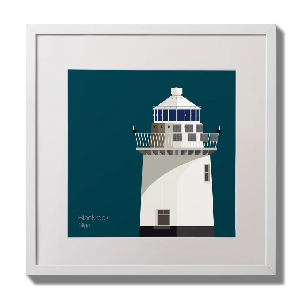 Illustration of Blackrock lighthouse on a midnight blue background,  in a white square frame measuring 30x30cm.