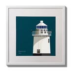 Illustration of Blackrock lighthouse on a midnight blue background,  in a white square frame measuring 30x30cm.
