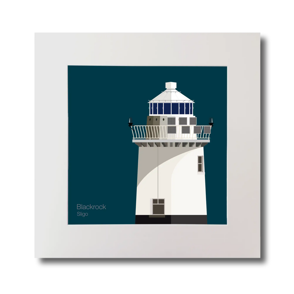 Illustration of Blackrock lighthouse on a midnight blue background, mounted and measuring 30x30cm.