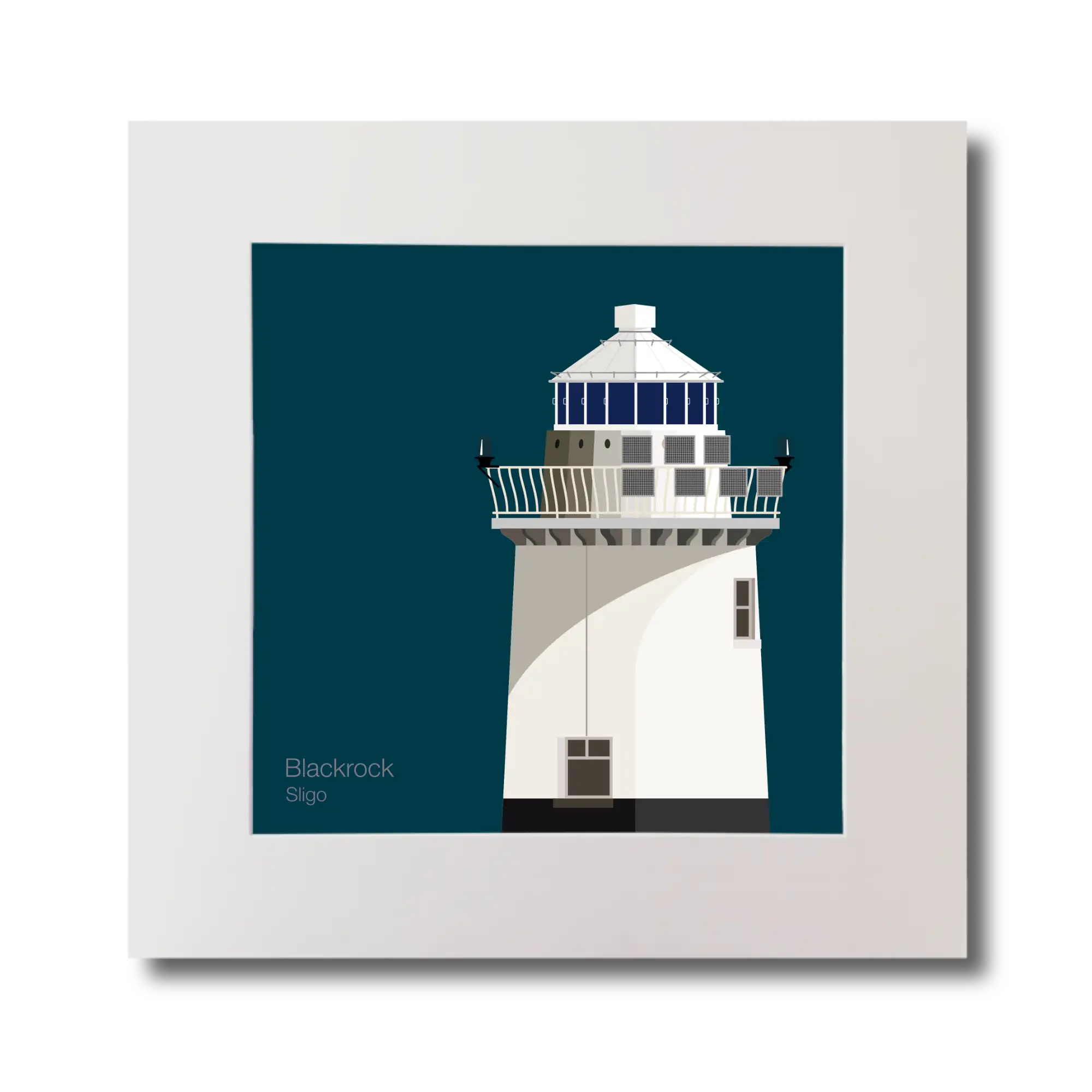 Illustration of Blackrock lighthouse on a midnight blue background, mounted and measuring 30x30cm.