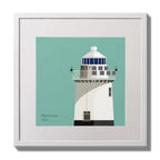 Illustration of Blackrock lighthouse on an ocean green background,  in a white square frame measuring 30x30cm.