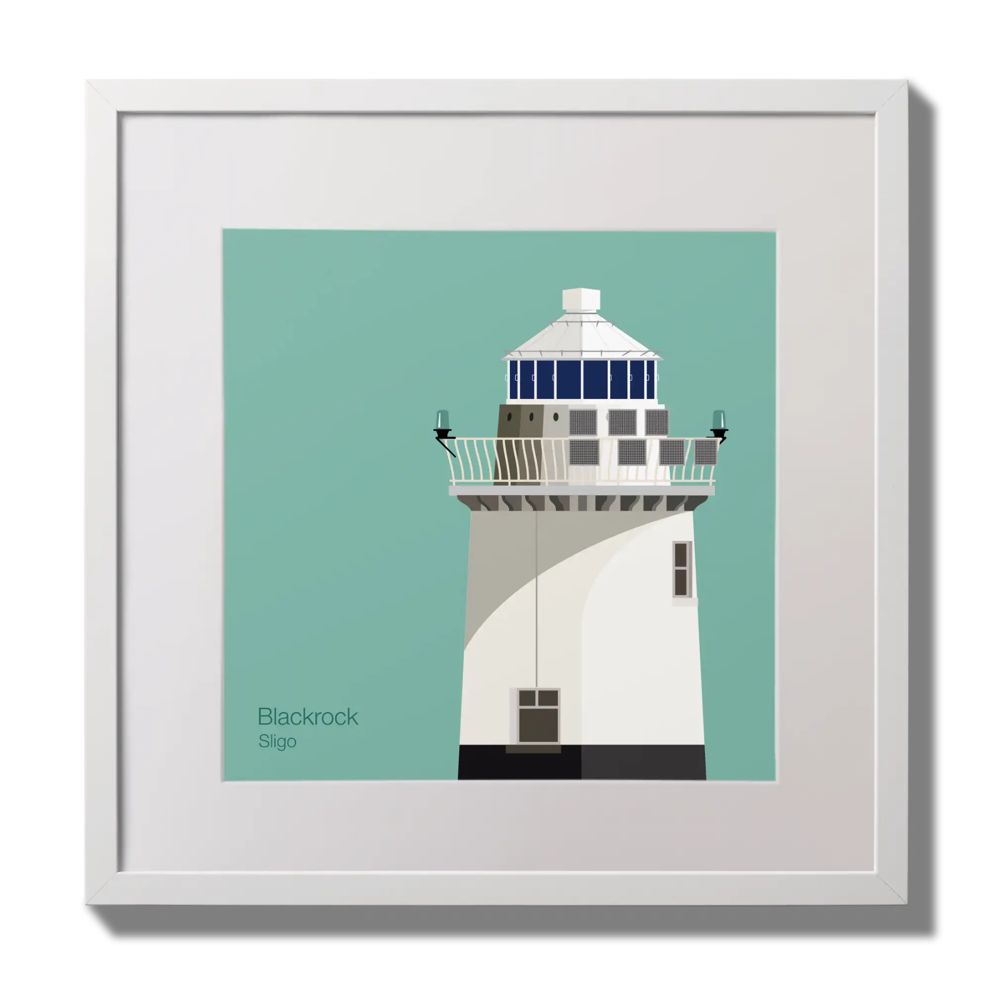 Illustration of Blackrock lighthouse on an ocean green background,  in a white square frame measuring 30x30cm.