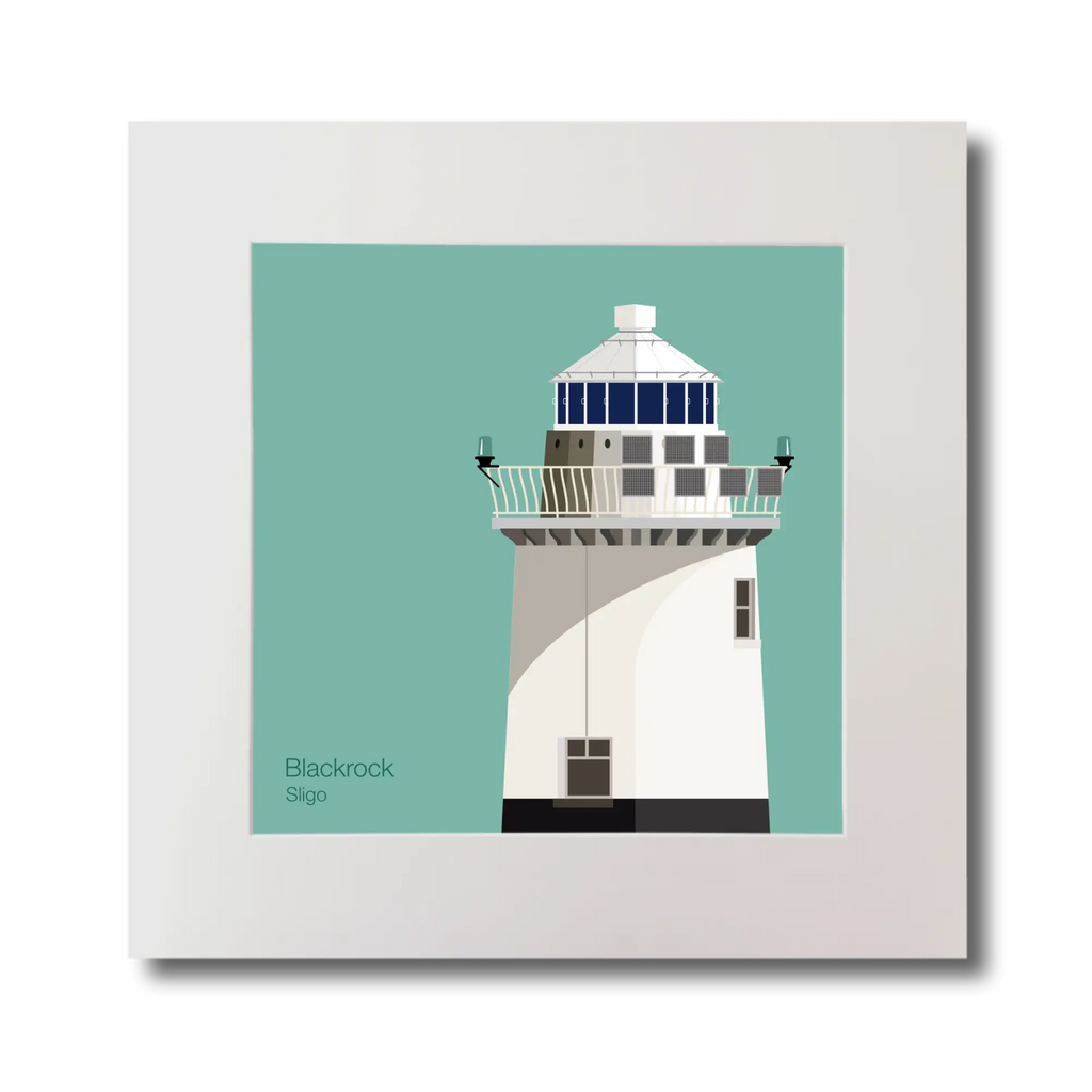Illustration of Blackrock lighthouse on an ocean green background, mounted and measuring 30x30cm.