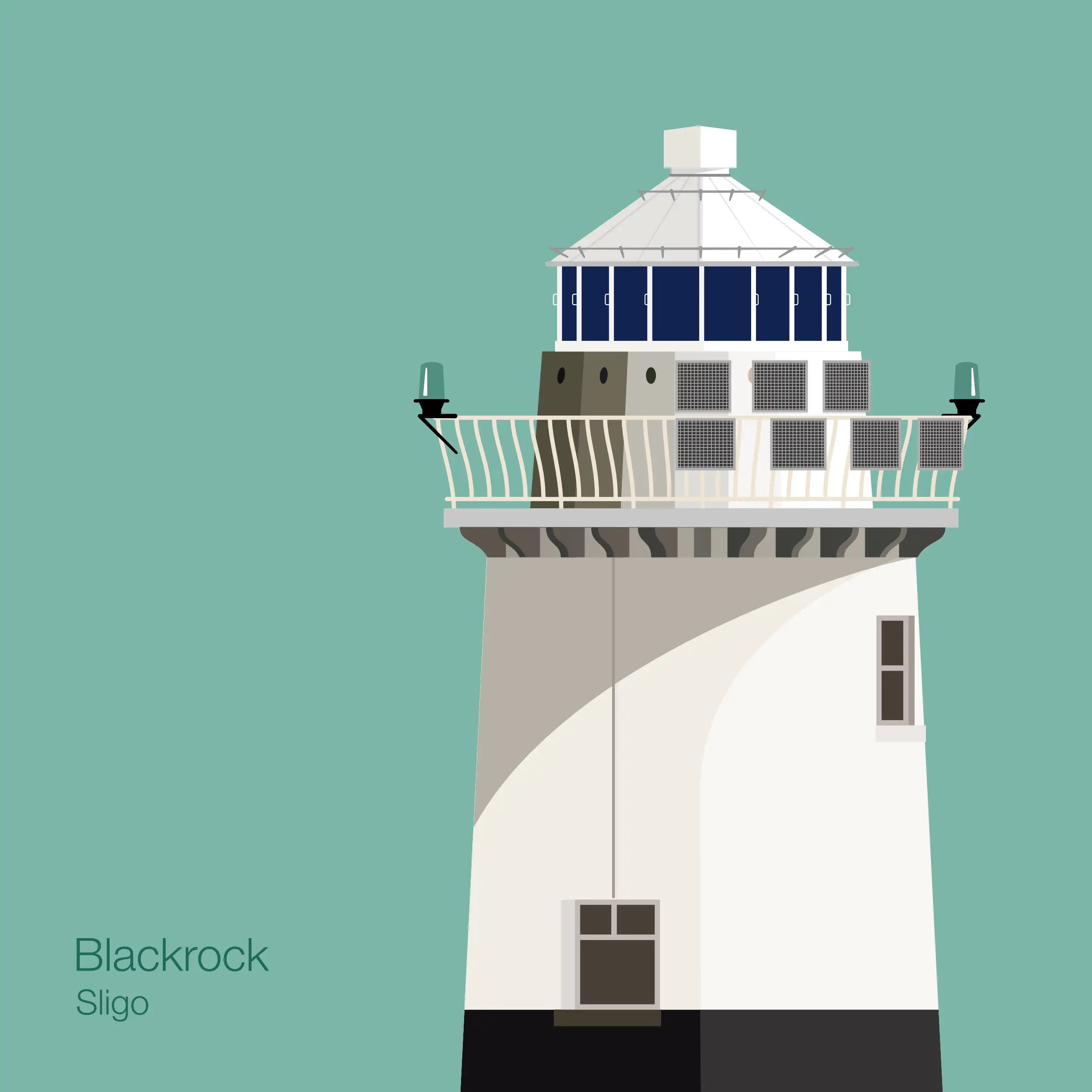 Illustration of Blackrock lighthouse on an ocean green background