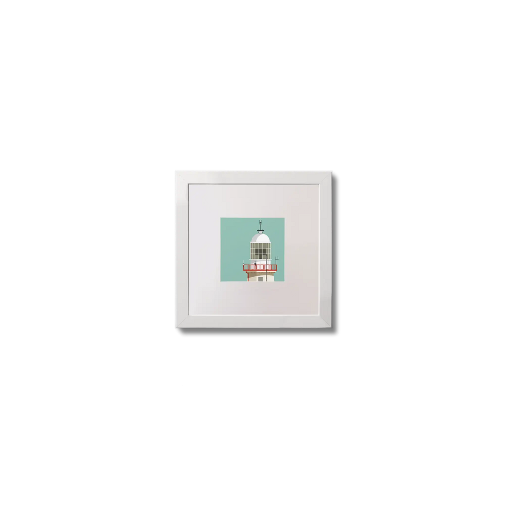 Illustration of The Baily lighthouse on an ocean green background,  in a white square frame measuring 10x10cm.