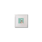 Illustration of The Baily lighthouse on an ocean green background,  in a white square frame measuring 10x10cm.