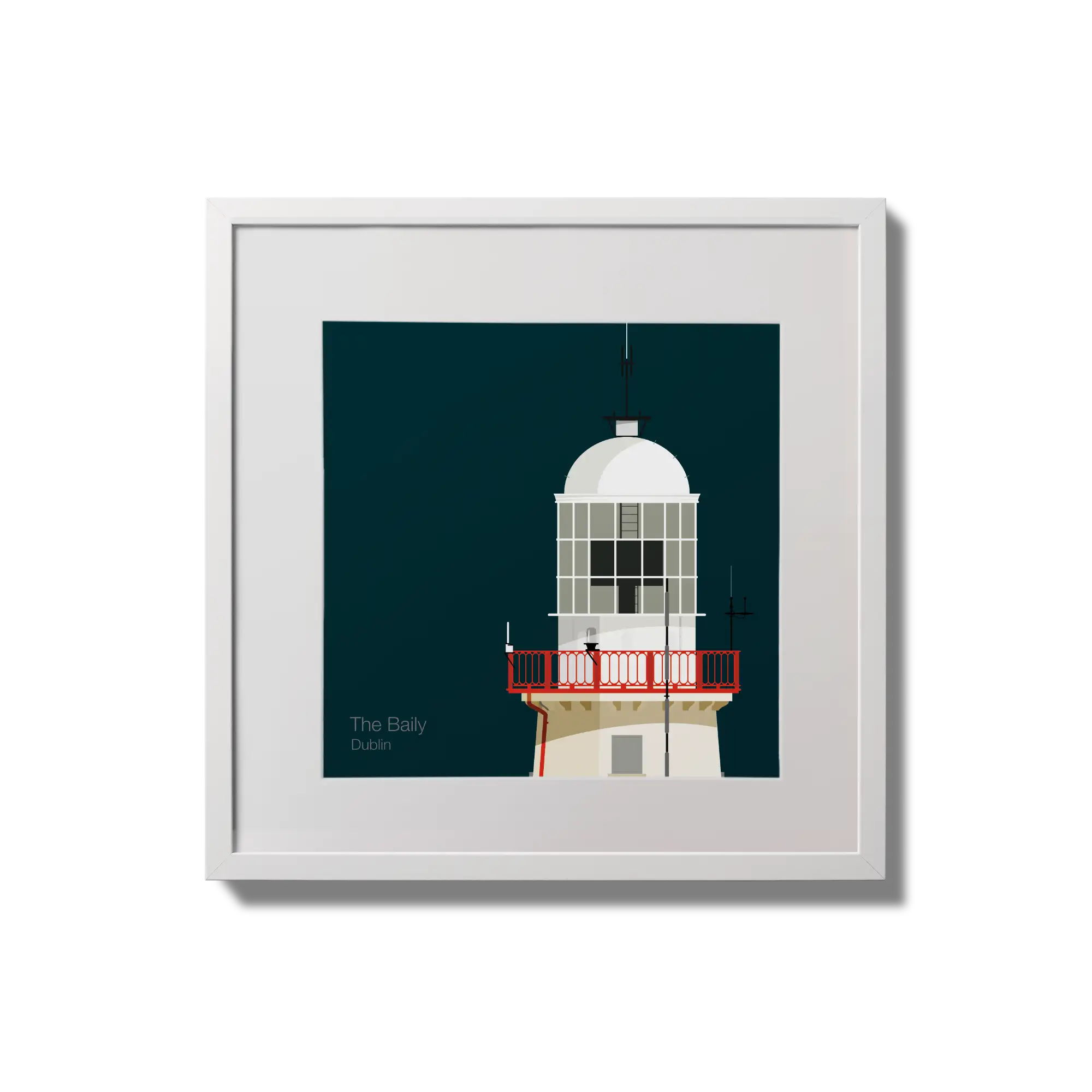 Illustration of The Baily lighthouse on a midnight blue background,  in a white square frame measuring 20x20cm.