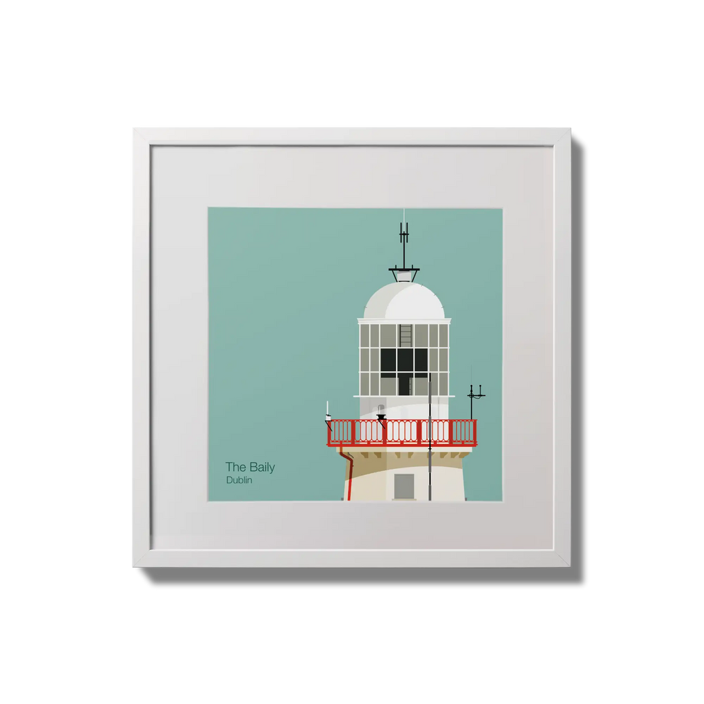 Illustration of The Baily lighthouse on an ocean green background,  in a white square frame measuring 20x20cm.