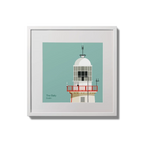 Illustration of The Baily lighthouse on an ocean green background,  in a white square frame measuring 20x20cm.