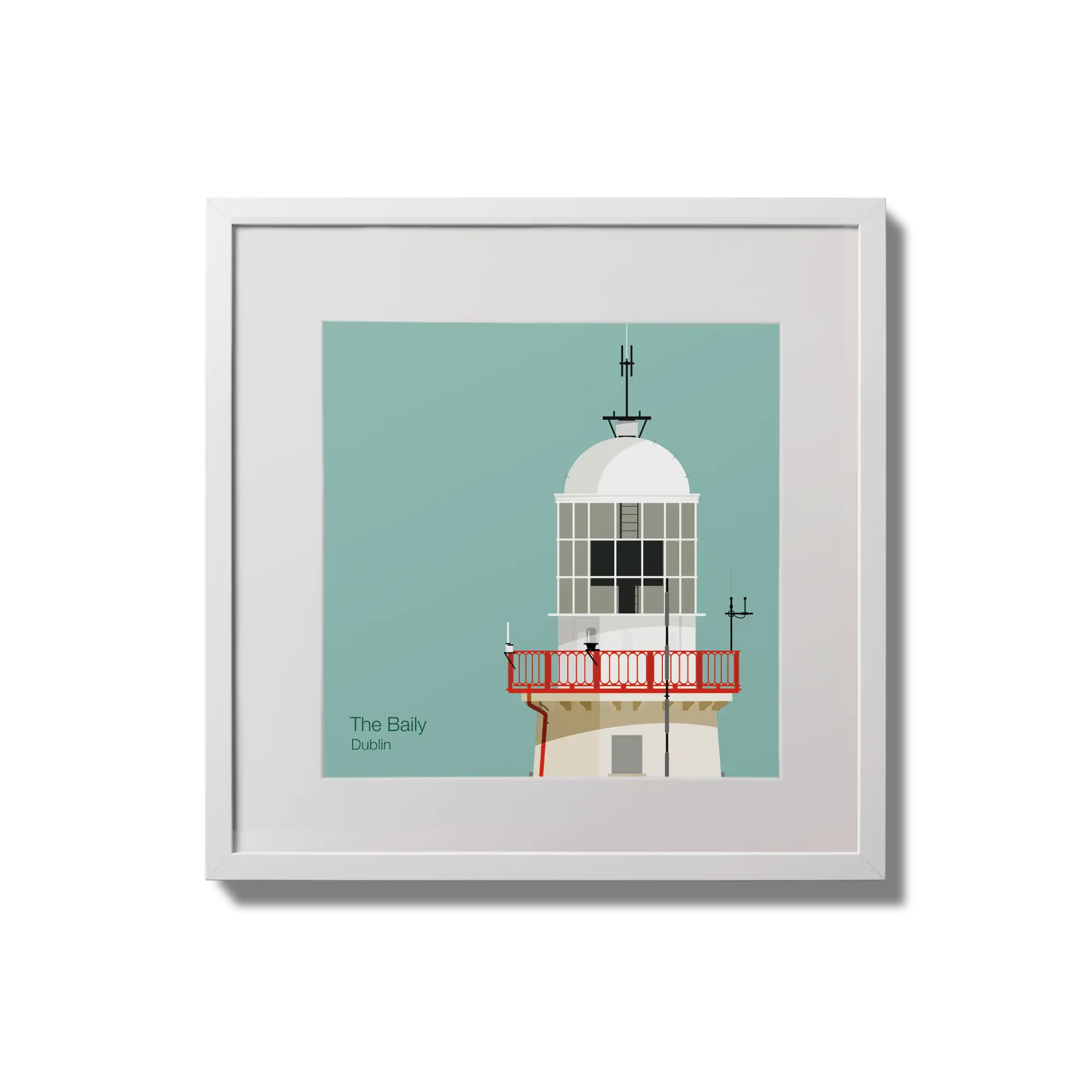 Illustration of The Baily lighthouse on an ocean green background,  in a white square frame measuring 20x20cm.